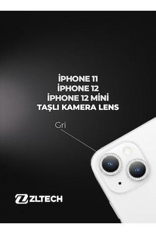 İphone 11/12/12mini Uyumlu Taşlı Kamera Lens Koruyucu Gri