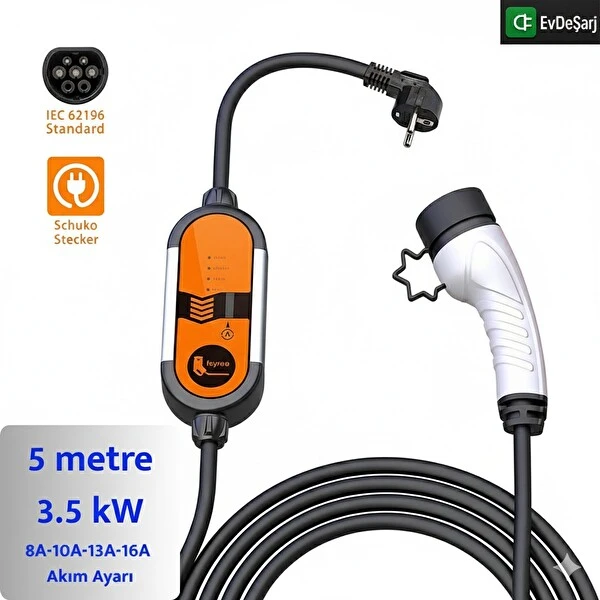 Feyree 5 Metre Ev Prizi Elektrikli Araç Şarj Cihazı - 3.5 Kw - Tip 2 - Taşınabilir Şarj Cihazı 3.5 KW