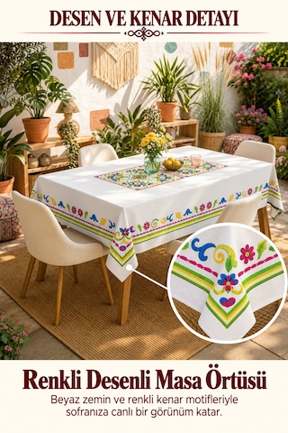 Vivanni Home Yıkanabilir Dikdörtgen Masa Örtüsü Günlük Kullanıma Uygun Pratik Ve Uzun Ömürlü Renkli Beyaz