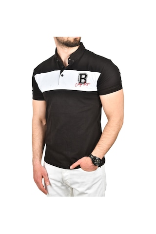 Deepsea Erkek Siyah Slim Fit Nefes Alan Pamuklu Kumaş Dar Kesim Kıvrılmaz Yaka Polo Yaka Tişört 2503019 Siyah