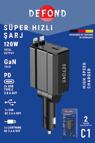 Usb C Typec Araç Şarj Aleti,4'ü 1 Arada Hızlı Şarz Araç 66w Araç Usb Şarj Cihaz Samsung Apple 120w