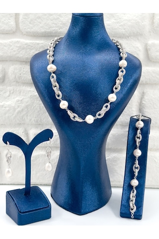 Özel Tasarım İncili 3'lü Kadın Gümüş Set - Kolye Seti Gümüş