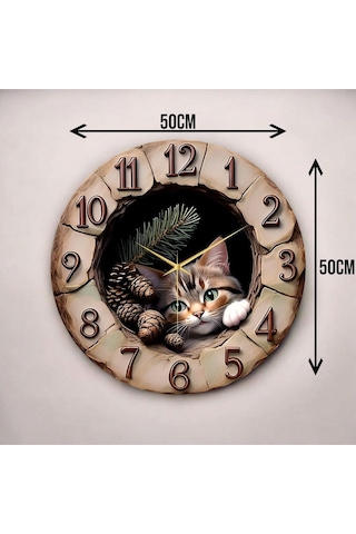Ahşap Kabartma Görünümlü Renkli Baskı Kedi Desenli Sayılı Hediyelik Ahşap Sessiz Duvar Saati 50cm ÇOk Renkli