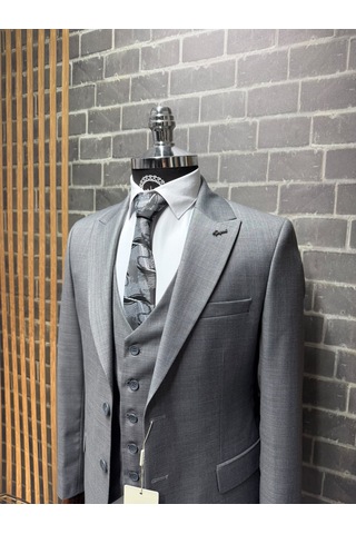 Dupont Classics Erkek Slim Fit 6 Drop Sivri Yaka Yelekli Filafil Çift Yırtmaç Takım Elbise Koyu Gri