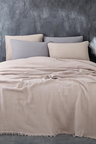 Müslin%100 Pamuk Tek Kişilik Yatak Örtüsü Pike Takımı 4 Katlı Yumuşak Battaniye 2 Parça Bej Cappuccino