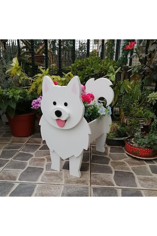 Jeehugo Ahşap Köpek Şekilli S Boyutlu Bahçe Ve İç Mekan Süs Bitki Kasesi - Samoyed Desenli, Dışarıda Ve İçeride Kullanılabilir