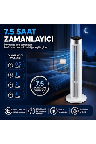 Amazon Başlık 39 İnç Kule Tipi Vantilatör, Uzaktan Kumandalı, 45w Güçlü Motor, 3 Hız Kademesi, 3 Modlu, Led Dokunmatik Ekran, Salınımlı, Sessiz Çalışma, 7.5 Saat Zamanlayıcı, Beyaz