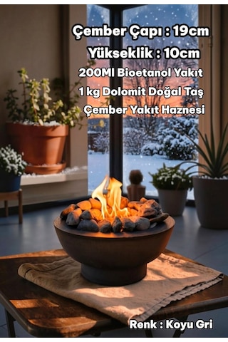 Technow Gri Dumansız Masa Şöminesi Ateş Çukuru 200ml Bioetanol+hazne