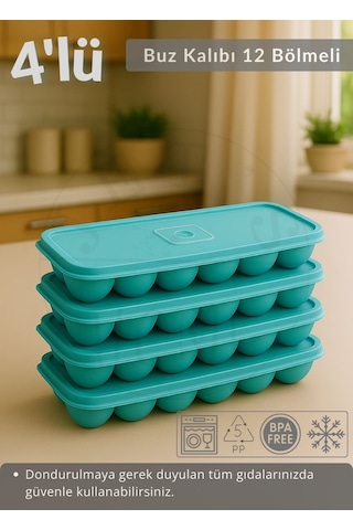 4'lü Set Buz Kalıbı 12 Bölmeli Esnek Silikon Buz Küpü Bpa Free Kare Bas Parmak Buzluk Çapı 3,5 Cm Mavi Yeşil