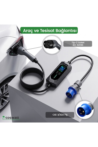 Coswatt Taşınabilir EV Şarj Cihazı CS-P1-32A / 7.4kW / 5m / Türkçe / 220V AC / Tip-2 / 3x32A CEE / Ev Tipi Dönüştürücü / Çanta