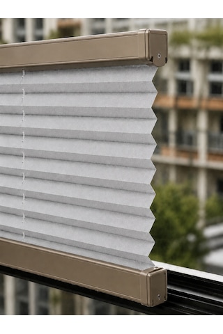 %100 Karartma Plise Perde Açık Gri Kumaş + Bronz Profil Kasa Cam Balkon Perdesi