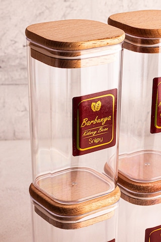 Snippy Boxy - 6'lı Ahşap Vakumlu Kapaklı Etiketli Baharatlık Takımı 350 Ml - Erzak Saklama Kabı Seti Ahşap