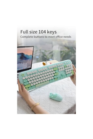 Geezer Zero Kablosuz Klavye Mouse Seti 2.4g Retro Daktilo Yuvarlak Tuşlu 104 Tuş Renkli Set Optik