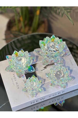Chacha Home Kristal Nilüfer Çiçeği Obje & Mumluk - Lüks Cam Lotus Sehpa Ve Konsol Dekoru 15 Cm / 10 Cm / 8 Cm / 6 Cm Orta Boy