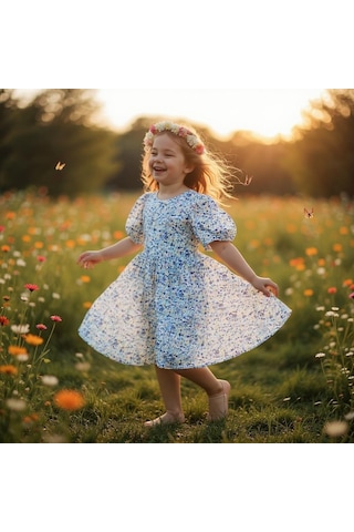 Çiçekli Kız Çocuk Yazlık Elbise Mavi