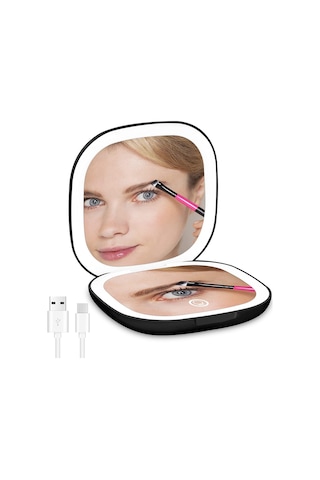 3x Büyütme Özellikli Kompakt Ayna, Taşınabilir Cep Aynası, Çift Taraflı Led Işıklı Makyaj Aynası, Usb-c Şarj Edilebilir Seyahat Aynası Siyah Diğer