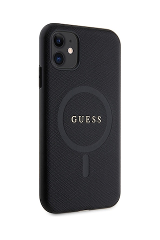Apple Uyumlu iPhone 11 Kılıf Guess Lisanslı Magsafe Şarj Özellikli Yazı Logolu Saffiano Classic Kapak Siyah