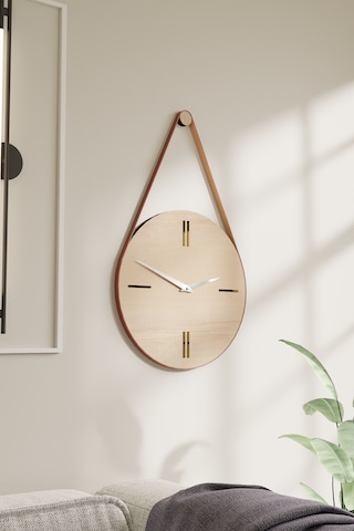 Dekoratif Deri Askılı Ahşap Duvar Saati Naturel