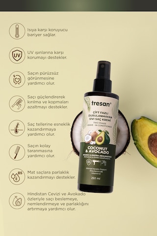 Tresan Coconut Avokado Durulanmayan Saç Kremi 250 Ml 3 Adet