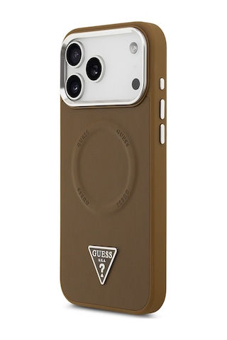 Apple Uyumlu iPhone 17 Pro Kılıf Guess Lisanslı M-safeli Pu Deri Metal Kamera Çerçeve Üçgen Logo Kapak Kahverengi Kahverengi