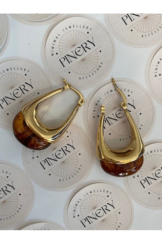 Vintage Kahverengi Taşlı Sallantılı Oval Paslanmaz Çelik Kadın Kü Altın