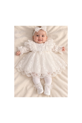 Pugi Baby Kız Bebek Abiye Mevlüt Elbisesi 4021 Beyaz Beyaz