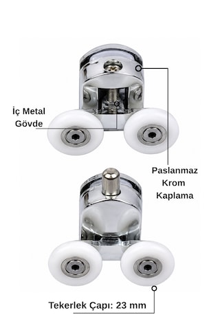 Duşakabin Alt Tekeri Sürgülü Cam Kabin Metal Gövdeli Krom Kaplama Rulmanlı Teker Teker Çapı 23 Mm