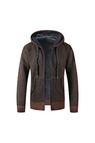 Kışlık Kapüşonlu Artı Kadife Kalınlaştırılmış Ekose Uzun Kollu Yün Erkek Hırka Kazak Gri