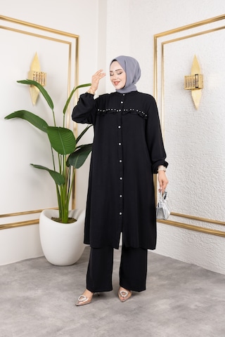 Ayrobin Kumaş İnci Detaylı Takım / T112 - Siyah Siyah