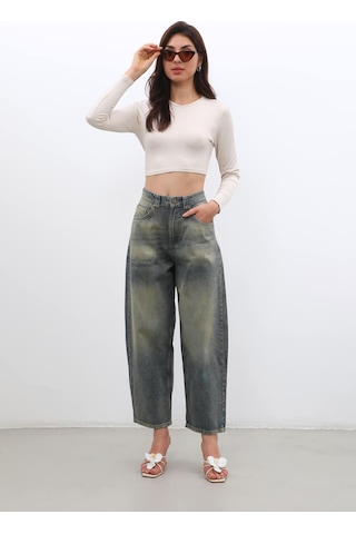Kadın Yüksek Bel Skater Fit Jean Pantolon Tint Yeşil
