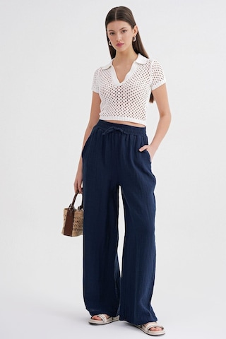 4286 Kadın Bol Paça Beli Lastikli Müslin Palazzo Pantolon Lacivert Lacivert