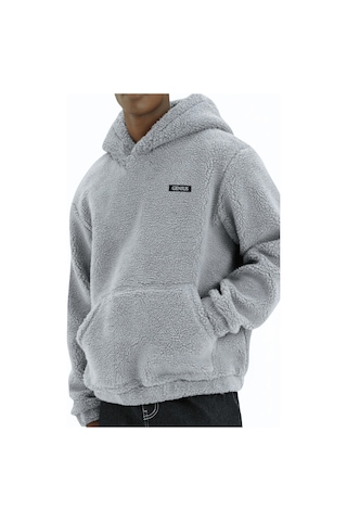 Genius Store Genıus Store Erkek Kapüşonlu Polar Sherpa Kuzu Kumaş İçi Şardonlu Kapüşonlu Sweatshırt Sherpa-kap Gri