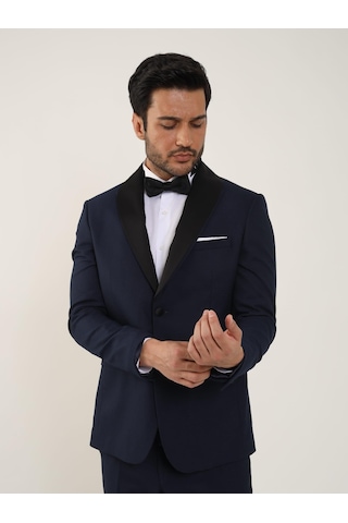 Dufy Lacivert Erkek Slim Fit Düz Sivri Yaka Smokin Takım - 84192-Lacivert