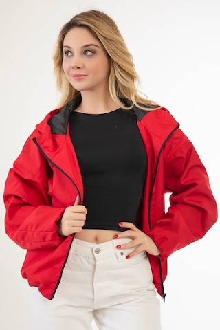 Riverstorm Kadın Kırmızı Su Ve Rüzgar Geçirmez Kapüşonlu Cepli Oversize Yağmurluk - Rüzgarlık Kırmızı