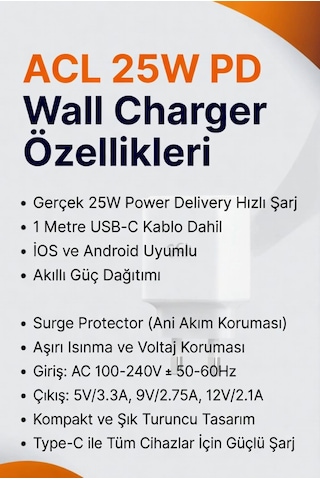 Kırmızı Acl Hızlı Şarj Aleti Pd25w 1m Kablo Type-c 25w