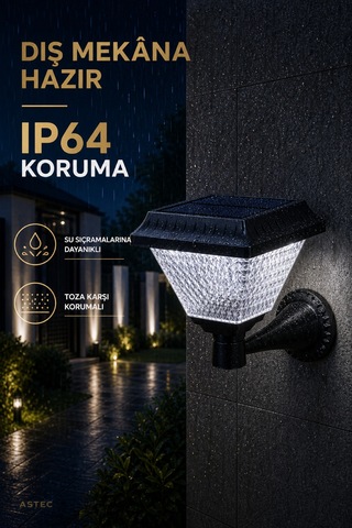 Astec Kristal Solar Led Duvar Aplik 30w 6400k Beyaz Işık Ip64 Dış Mekân Bahçe Duvar Aydınlatma Prizmatik