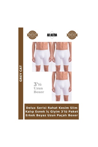 Grey Cat Delux Serisi Rahat Kesim Slim Kalıp Esnek İç Giyim 3'lü Paket Erkek Beyaz Uzun Paçalı Boxer
