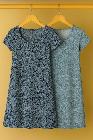 2 Adet Dökümlü Rahat Kalıp Günlük Penye Kumaş Elbise İndigo-mavi