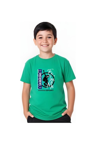 Panios Kids Sk Sport Baskılı Erkek Çocuk Kısa Kollu Yuvarlak Yaka T-shirt Yeşil