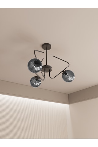 Lunor Siyah Metal Füme Cam Küre Başlıklı Modern 3'lü Avize