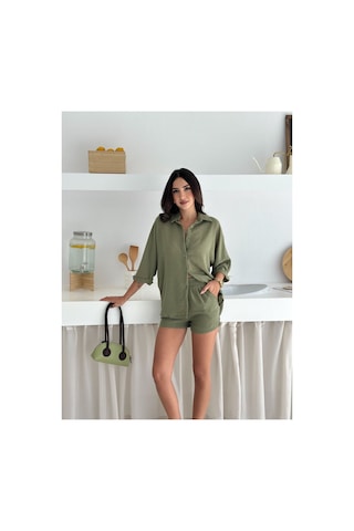 Wellway Keten Kumaş Oversize Gömlek & Şort İkili Takım-haki Haki Wellway Keten Kumaş Oversize Gömlek & Şort İkili Takım-haki Haki