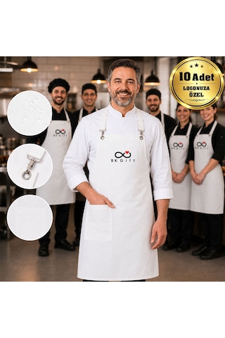 Logonuza Özel 10 Adet Beyaz Profesyonel Mutfak Önlüğü - Su İticili Pamuk Kumaş Şef Önlüğü