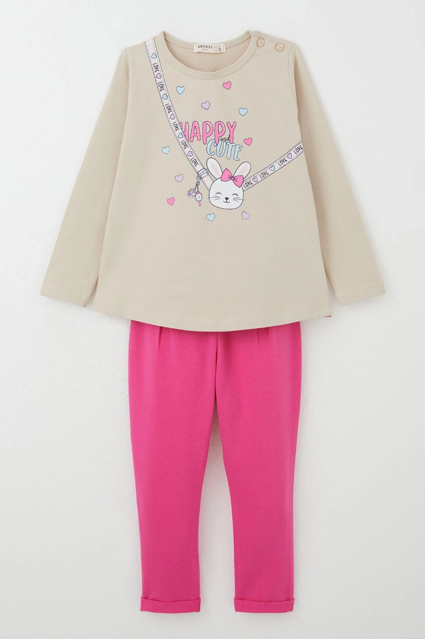 Breeze Kız Bebek Taytlı Takım Mutlu Tavşancık Baskılı Kalpli 9 Ay-3 Yaş, Bej Bej