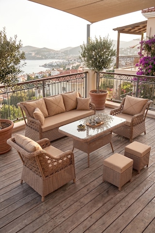 Frezya Serisi 1. Sınıf 3+1+1+2+2 Yastık Gri Rattan Gri Minder Bahçe Balkon Oturma Koltuk Takımı Cappucino Rattan Cappucino Minder