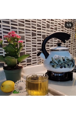 Zeytin Dekor Vintage Emaye Düdüklü Kettle Demlik 2,4 Litre Yeşil