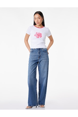 Koton Pamuklu Slim Fit Kısa Kollu Bisiklet Yaka Hibiskus Çiçeği Baskılı Tişört Beyaz 6sak50085ek Beyaz
