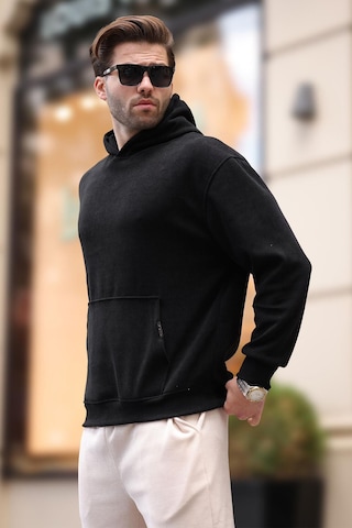 Madmext Siyah Kapüşonlu Cep Detaylı Dokulu Sweatshirt E7101 Siyah