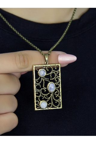 Doğal Taş Aytaşı 3'lü Doğal Taşlı Antik Kadın Kolye Euk45ay Beyaz