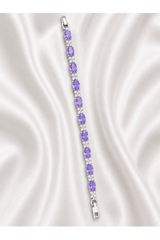 Mor Oval Kristal Taşlı Çiçek Desenli Tam Tur 19 Cm Çelik Kadın Bileklik Mor - Beyaz