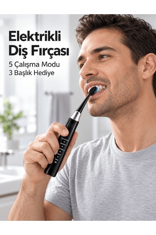 5 Çalışma Modlu Siyah Elektrikli Diş Fırçası 3 Yedek Başlık Hediy
